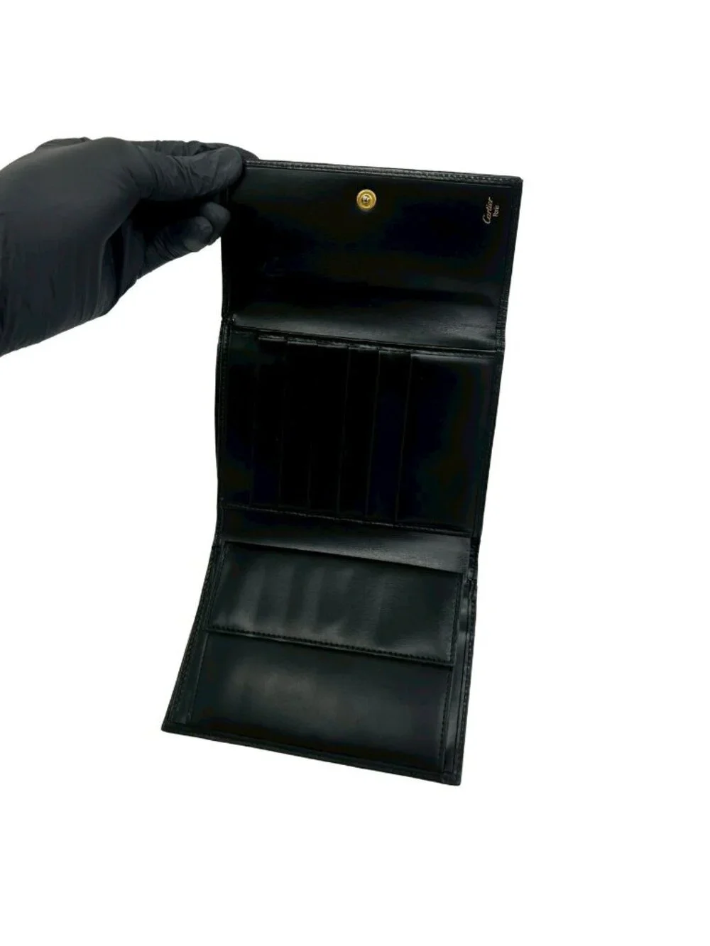 Cartier Panthere Line Leather Trifold Wallet Mini Card Case Black